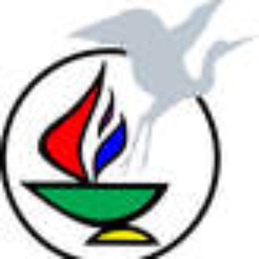 Logo of the Unitarian Universalist Fellowship of Rockledge, FL, showing a flaming chalice with red, blue, and green flames inside a black circle, with a gray crane silhouette behind it.